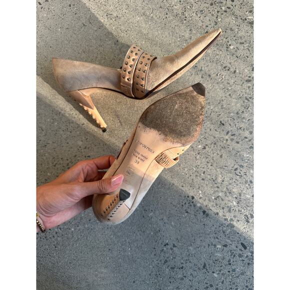 Sergio Rossi Women’s 8 Heels Tan Studded Suede Pointed Strappy Y2K Rocker - Picture 3 of 3